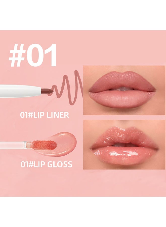 QiBest Double-head Mirror Surface Lip Gloss Two-in-One Lip Liner Lip Gloss Water-Resistant Plump Lips Natural Color Lip Liner Pen #01 - Image 2